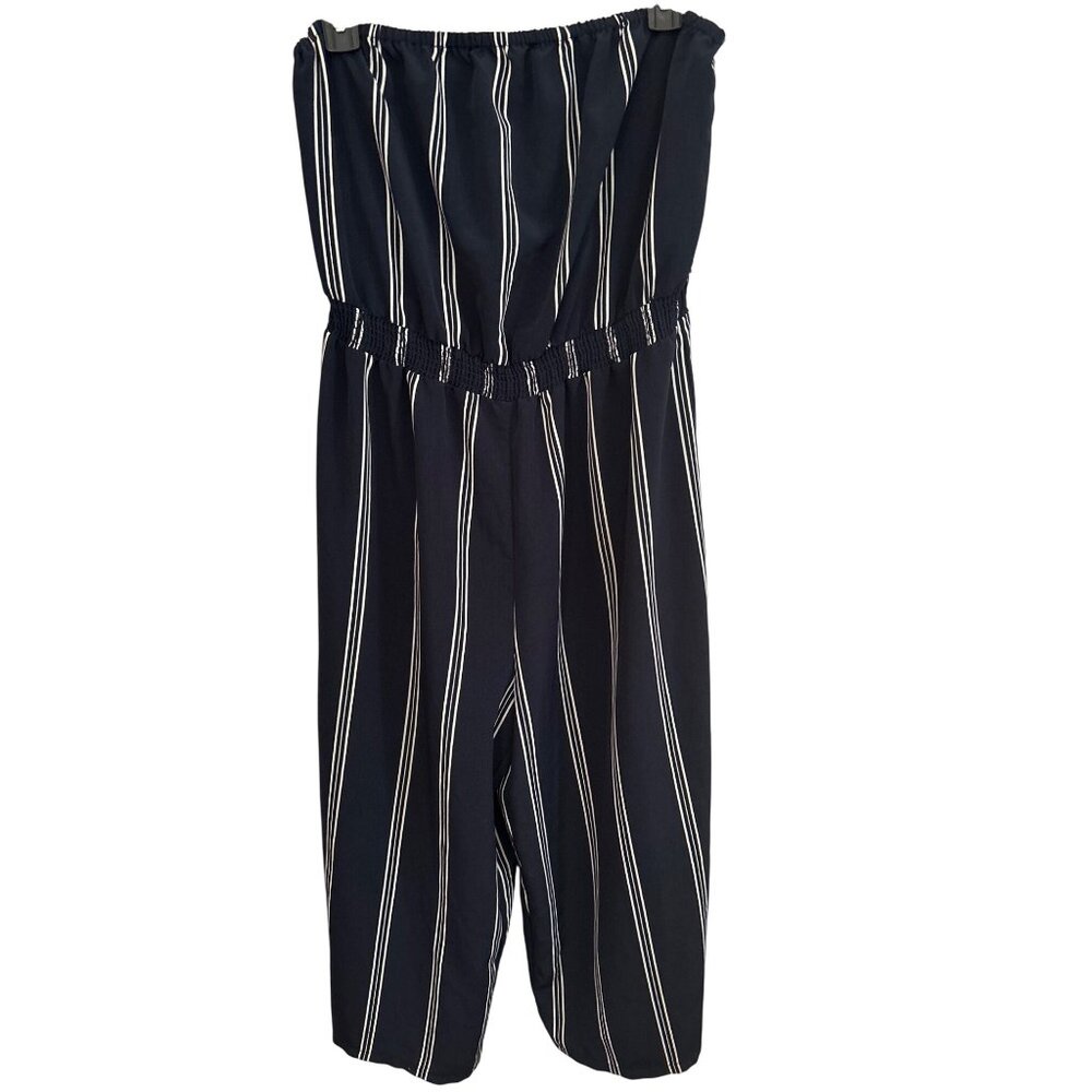 Libby Edelman Navy & White Striped Sleeveless Jumpsuit Smocked Waist Large